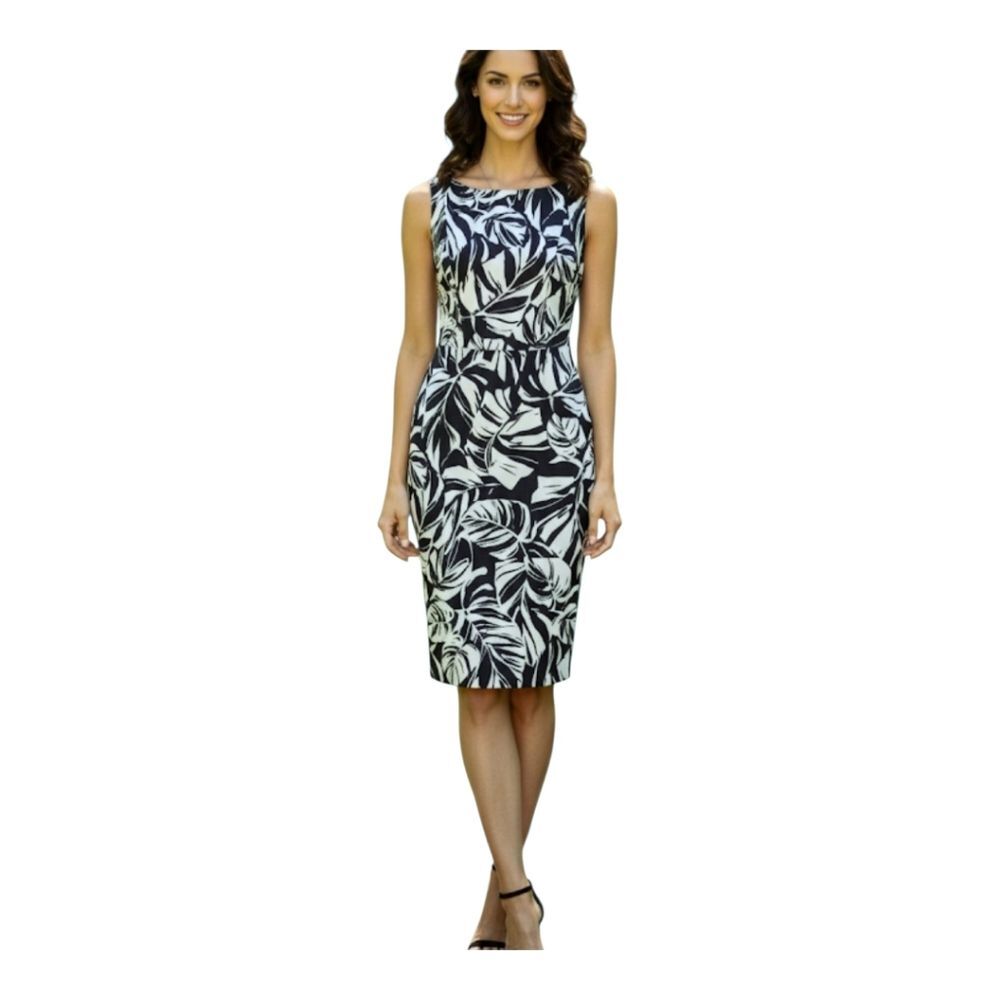 Ann Taylor Shadow Leaves Print Side Button Sheath Dress Stretch Cotton 2 Lined